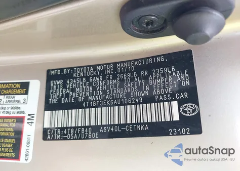 2010 Toyota Camry Le from USA, damaged, VIN 4T1BF3EK6AU106249